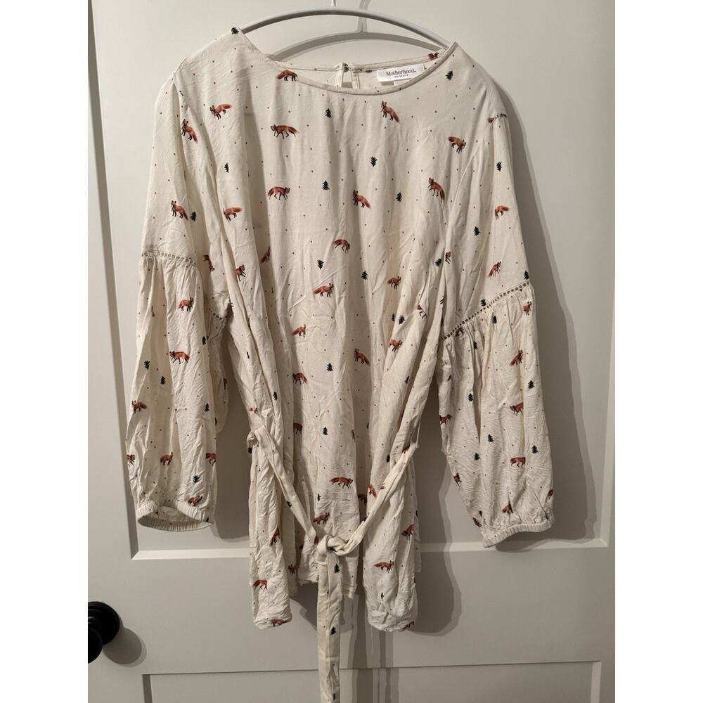 Motherhood Maternity Fox Print Blouse Sz L Holiday Winter Christmas White Preppy